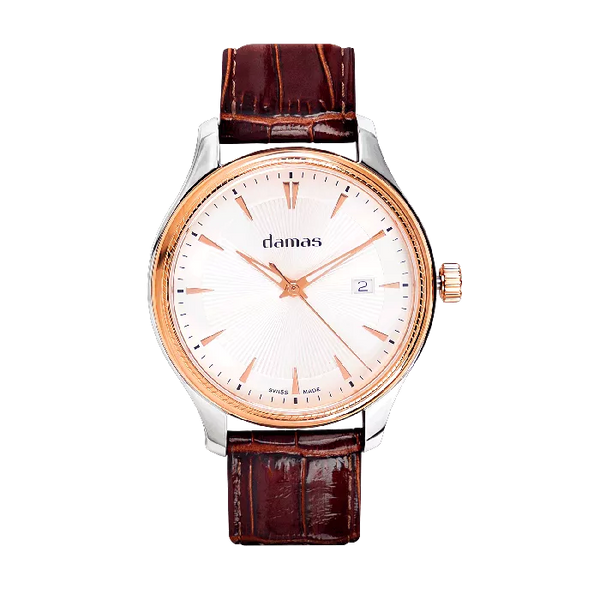 Damas Gents Quartz Watch DCL-Q42-WT-SR-221 | 42mm | Swiss Quartz | Bicolor Steel | Brown Strap