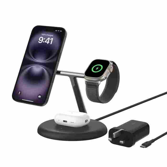 Belkin BoostCharge 3-in-1 Magnetic Charging Stand with Qi2 Fast Wireless Charging 15W Black (BL-Qi2Magnetic-stnd-3IN1-Blk / WIZ029myBK)
