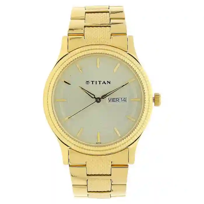 Titan Analog with Day and Date Quartz Champagne Dial Metal Round Stainless Steel Strap Watch for Men