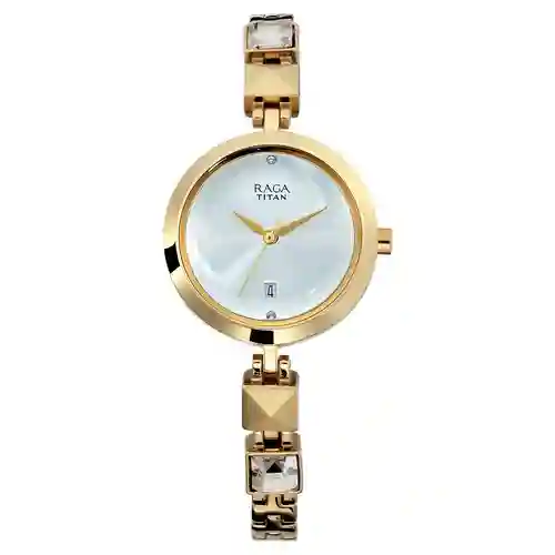 Titan Raga Viva Silver Dial Analog with Date Golden Metal Strap Watch for Women | Elegant Festive Watch