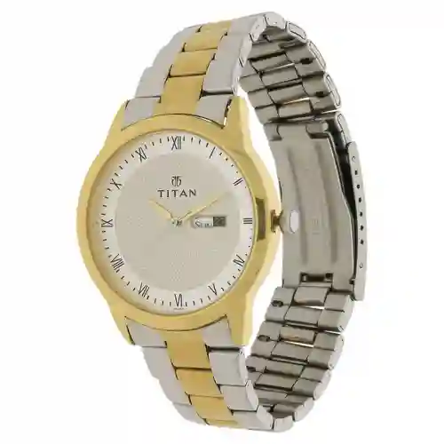 Titan Quartz Analog with Day and Date Champagne Dial Stainless Steel Strap Watch for Men | Classic Formal Watch