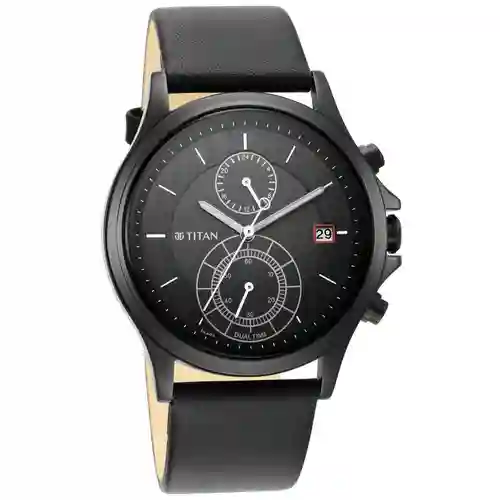 Titan Workwear Black Dial Dual Time Leather Strap Watch for Men | Elegant Dual Time Office Watch