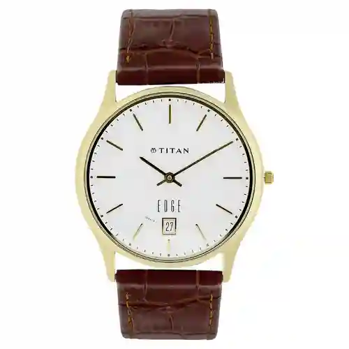 Titan Edge White Dial Analog with Date Leather Strap Watch for Men | Ultra-Slim Luxury Timepiece