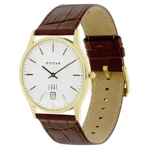Titan Edge White Dial Analog with Date Leather Strap Watch for Men | Ultra-Slim Luxury Timepiece