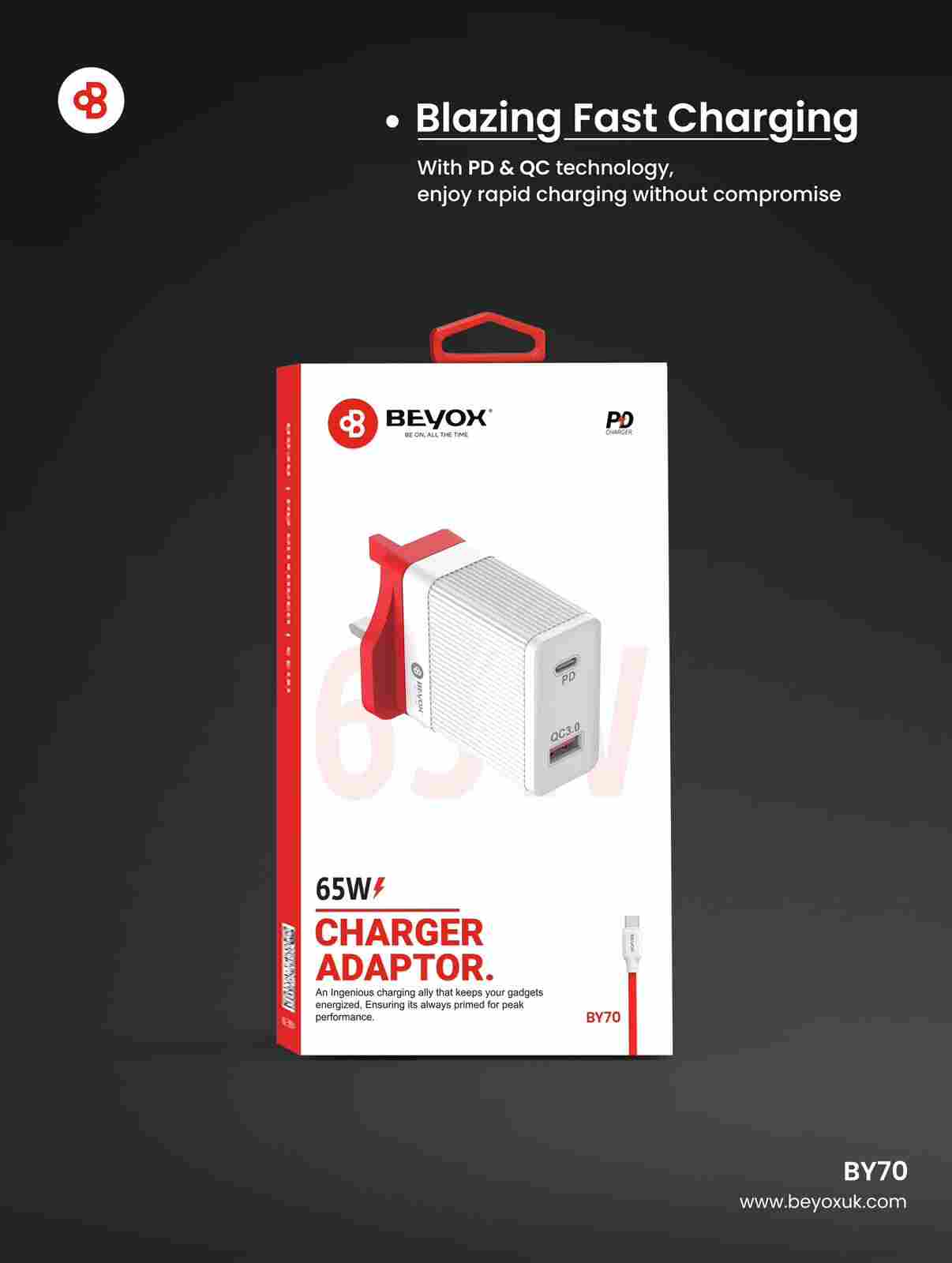 Beyox BY 70 Charger 65W PD+QC Type-C | Beyox Qatar