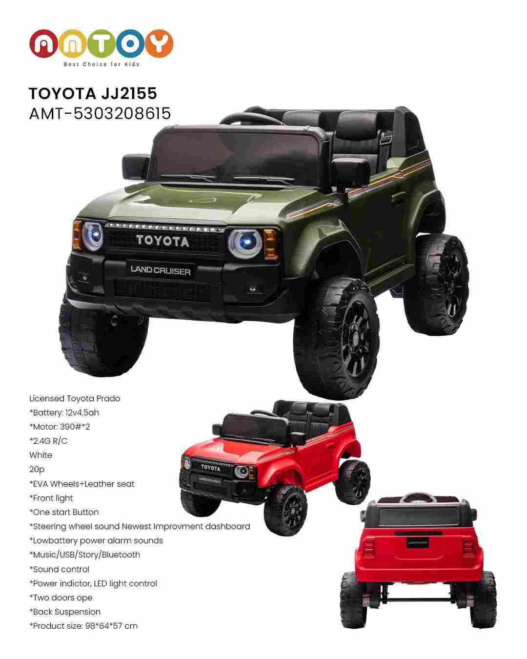 Toyota JJ2155 AMT-5303208615 | Licensed Land Cruiser Kids Ride-On Car 12V with Leather Seat | AMTOY