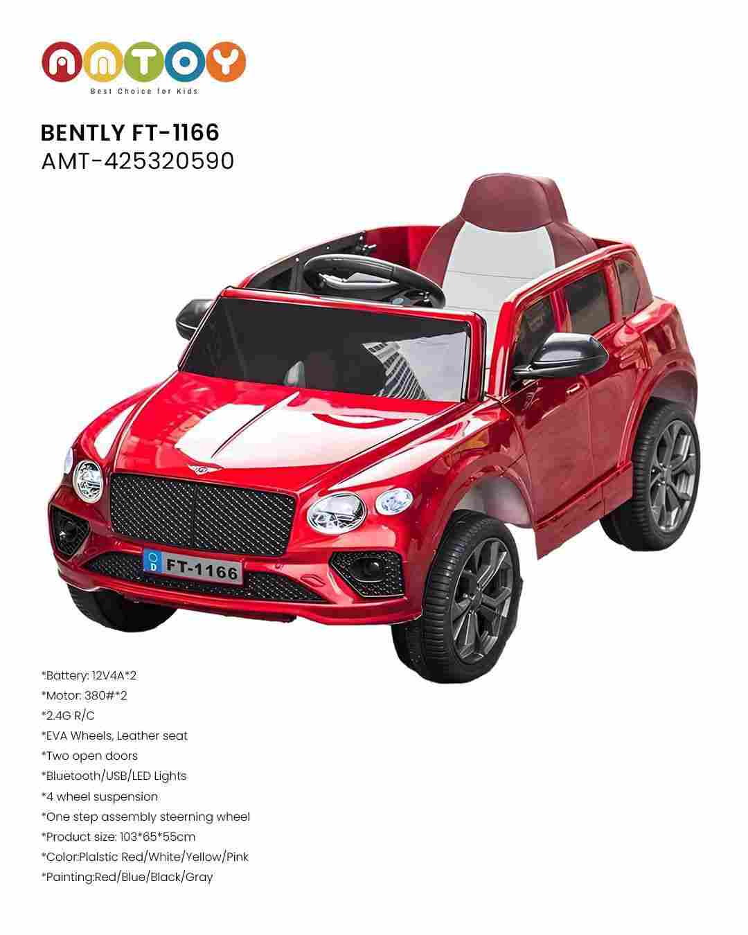 Bently FT-1166 AMT-425320590 | Licensed Kids Ride-On Car 12V with Leather Seat, LED Lights & Bluetooth