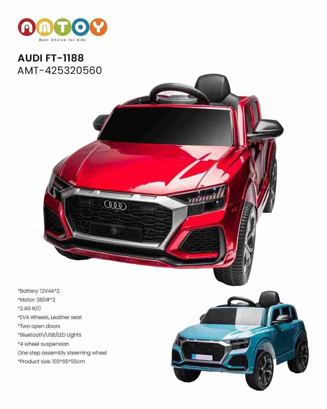 Audi FT-1188 AMT-425320560 | Licensed Audi Kids Ride-On Car 12V with Leather Seat, LED Lights & Bluetooth