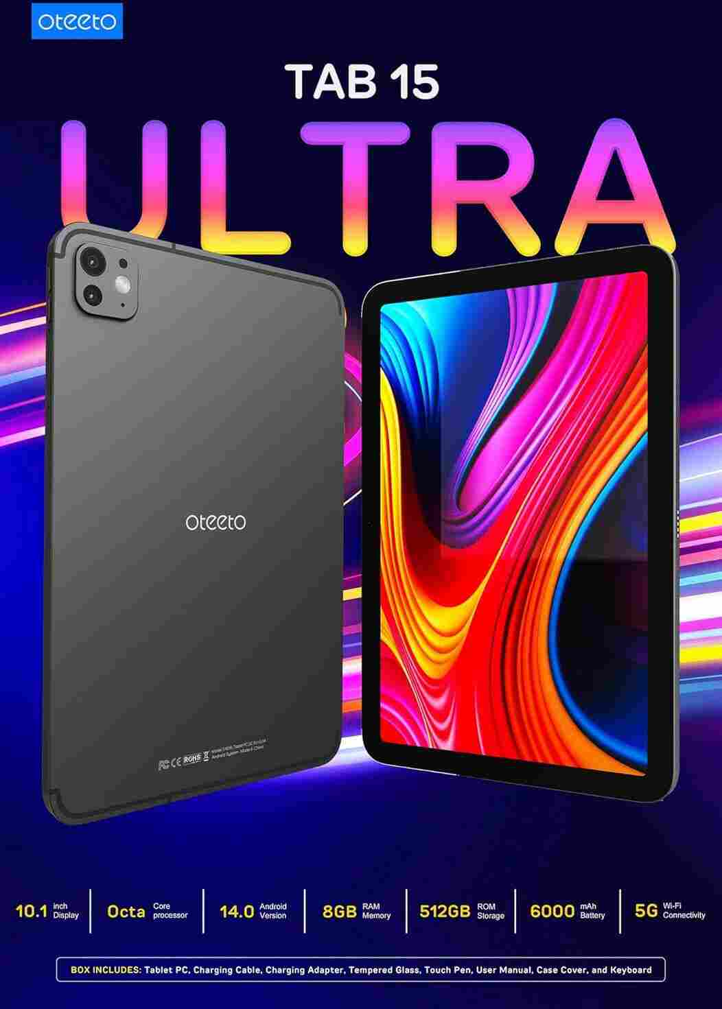 OTEETO TAB 15 ULTRA 10.1″ Tablet – 12 GB RAM / 512 GB Storage, Android 14, 5G