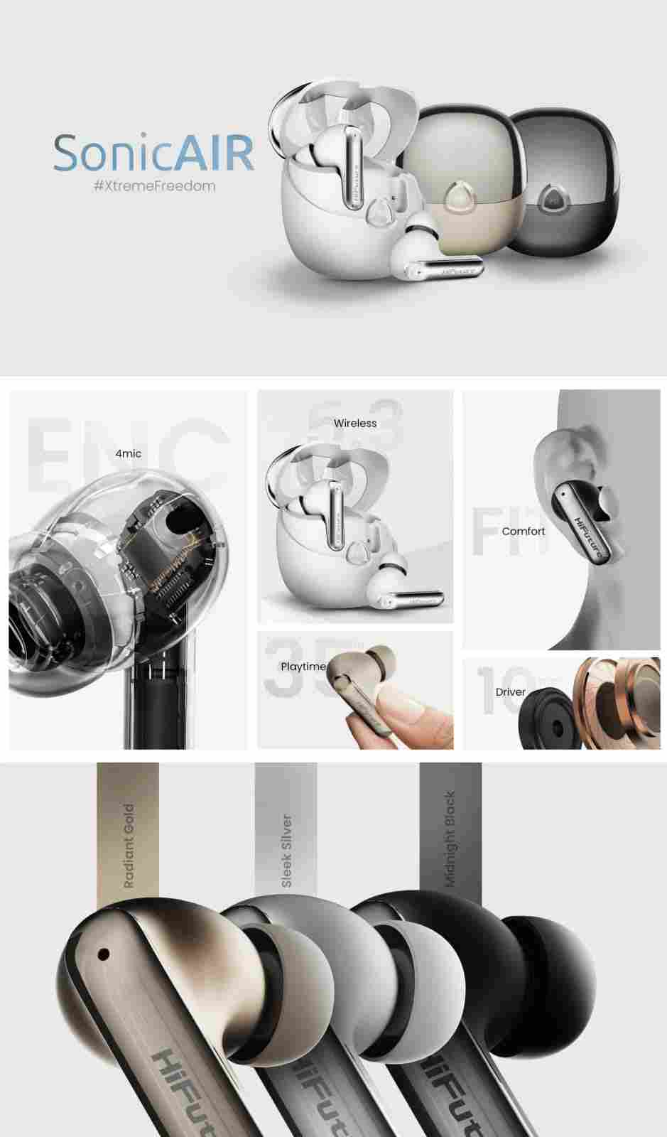 Sonic Air True Wireless Ear Pods Bluetooth 5.3 with Noise Reduction – Black