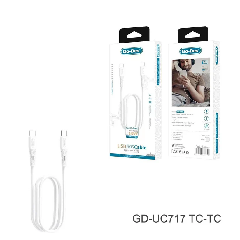 GO-DES GD-UC717TC Type-C to Type-C Cable – 60W Fast Charging & Durable Braided 1M Design
