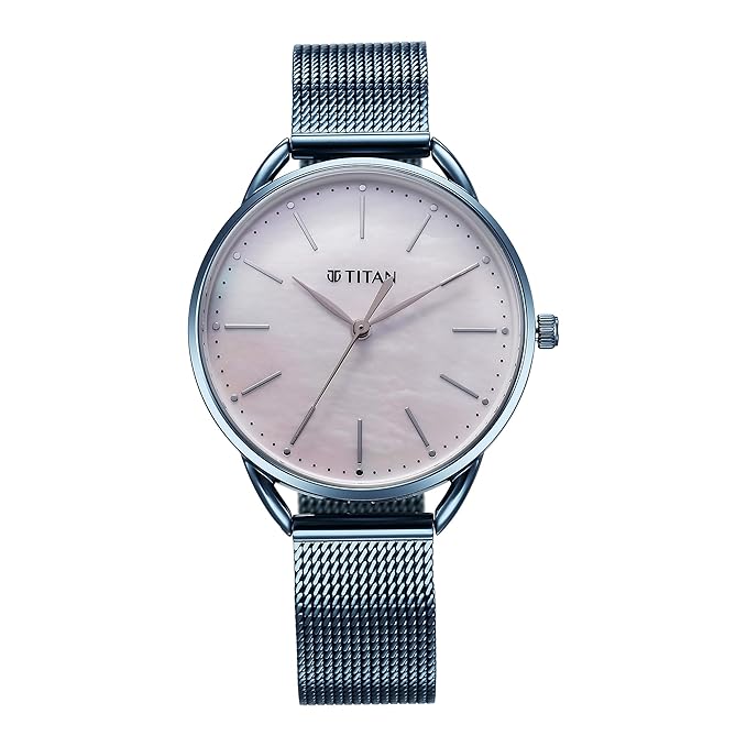 Titan Slimline Quartz Analog Mother Of Pearl Dial Blue Stainless Steel Strap Watch for Women 95180QM01