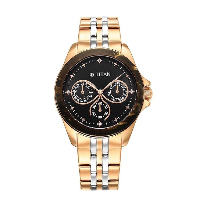 Titan Acetate Black Dial Analog with Day and Date Stainless Steel Strap Watch for Women 95186KM02
