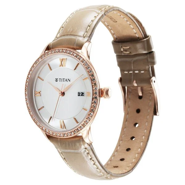 Titan Bright Leathers Silver Dial Analog with Date Leather Strap Watch for Women 95247WL04