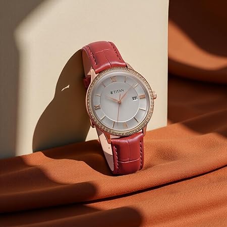 Titan Bright Leathers Silver Dial Analog Red Leather Strap Watch for Women 95247WL01