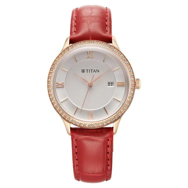 Titan Bright Leathers Silver Dial Analog Red Leather Strap Watch for Women 95247WL01