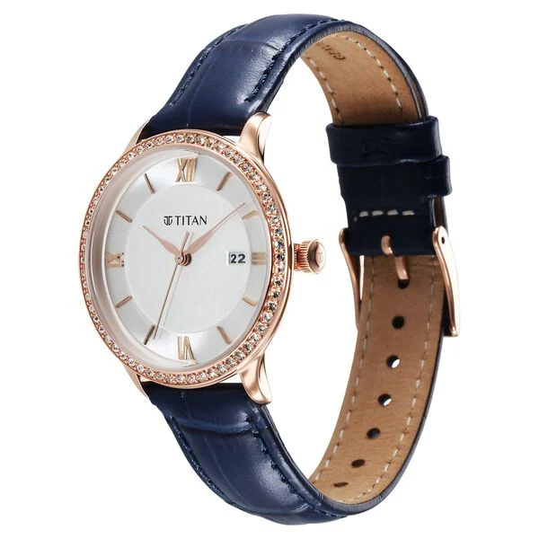 Titan Bright Leathers Quartz Analog with Date Silver Dial Leather Strap for Women 95247WL06