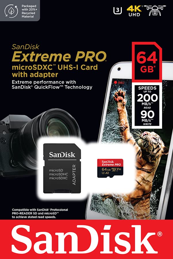 SanDisk Extreme Pro microSD UHS-I 64GB | 200MB/s Read 90MB/s Write | Mobile Card