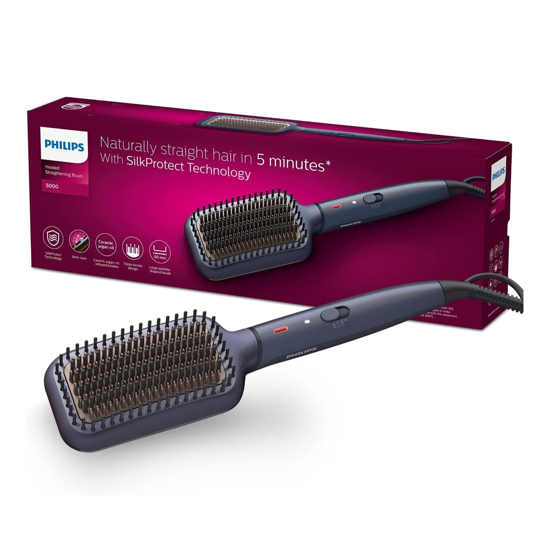 Philips Heated Straightening Brush 5000 Series BHH885/03 – Fast & Smooth Styling