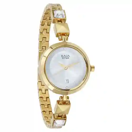 Titan Raga Viva Silver Dial Analog with Date Golden Metal Strap Watch for Women | Elegant Festive Watch