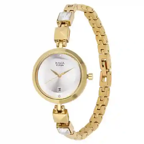 Titan Raga Viva Silver Dial Analog with Date Golden Metal Strap Watch for Women | Elegant Festive Watch