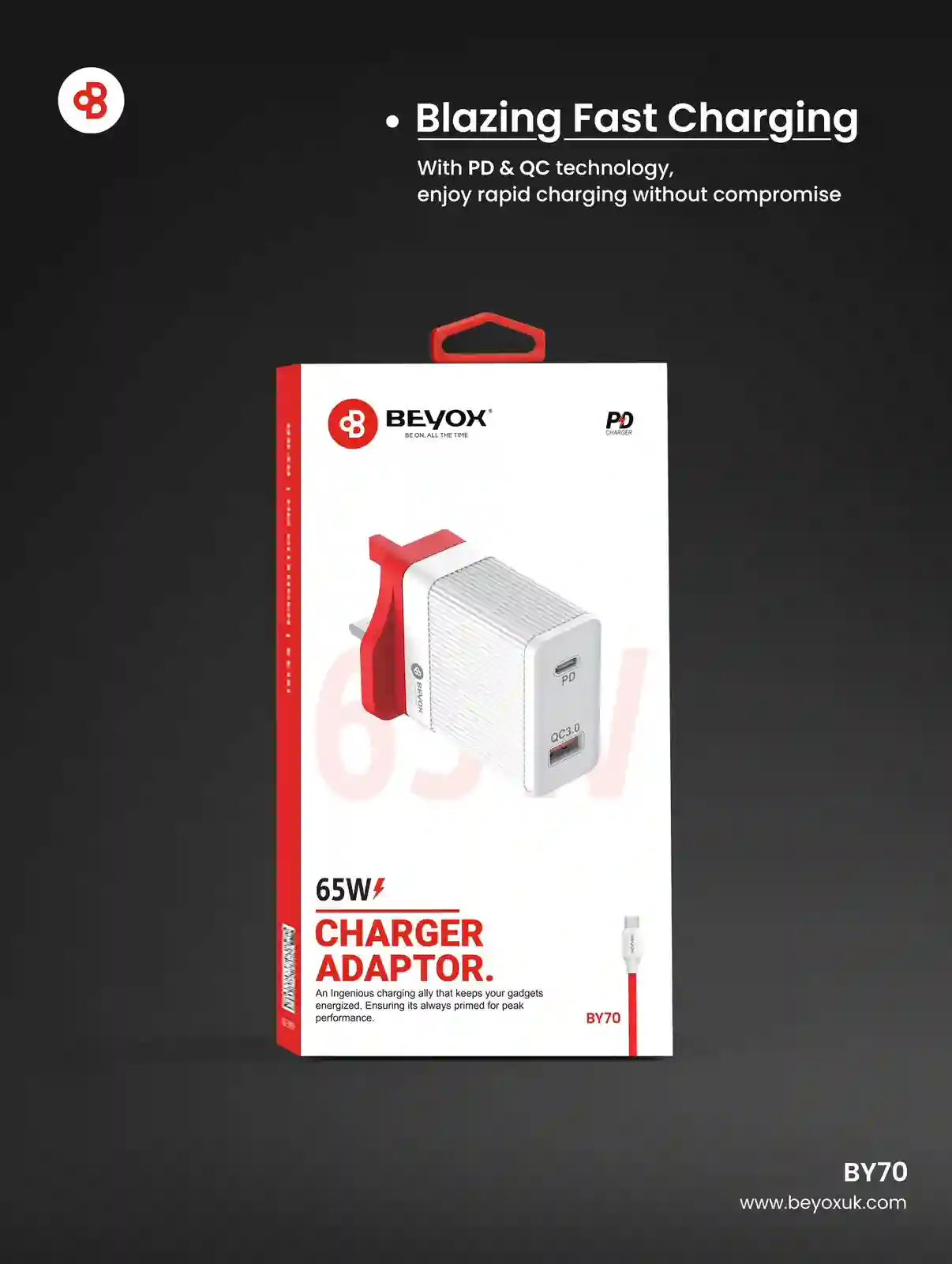 Beyox BY 70 Charger 65W PD+QC Type-C | Beyox Qatar