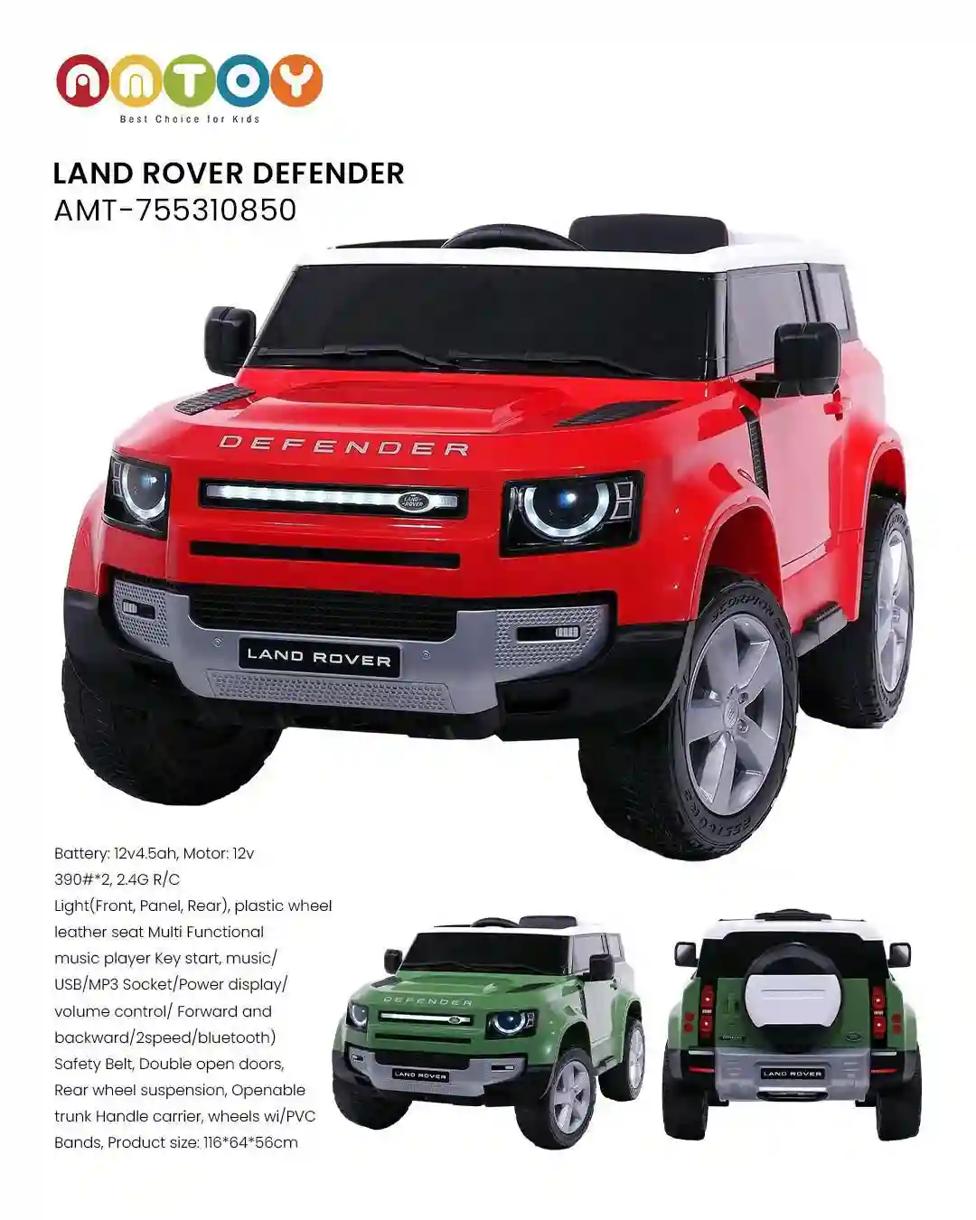 Land Rover Defender AMT-755310850 | Licensed 12V Ride-On Car with MP3, LED Lights & Leather Seat | AMTOY