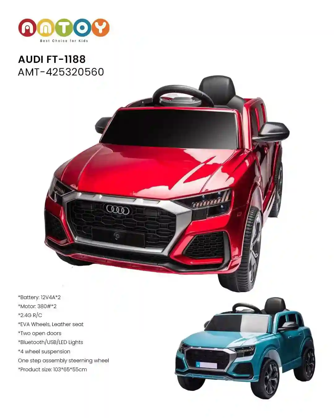 Audi FT-1188 AMT-425320560 | Licensed Audi Kids Ride-On Car 12V with Leather Seat, LED Lights & Bluetooth
