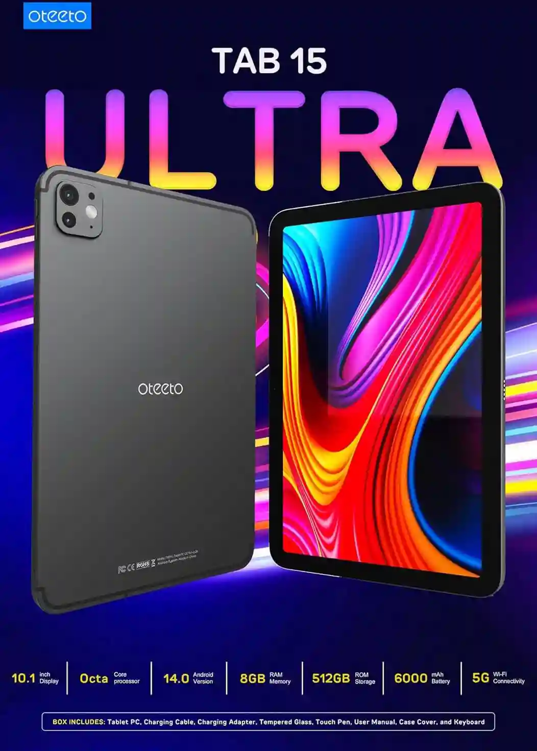 OTEETO TAB 15 ULTRA 10.1″ Tablet – 12 GB RAM / 512 GB Storage, Android 14, 5G