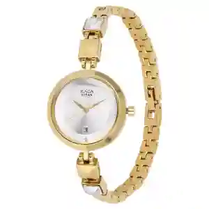 Titan Raga Viva Silver Dial Analog with Date Golden Metal Strap Watch for Women | Elegant Festive Watch