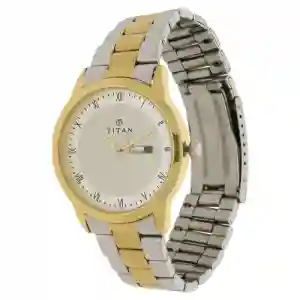 Titan Quartz Analog with Day and Date Champagne Dial Stainless Steel Strap Watch for Men | Classic Formal Watch