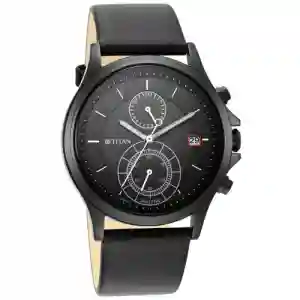 Titan Workwear Black Dial Dual Time Leather Strap Watch for Men | Elegant Dual Time Office Watch