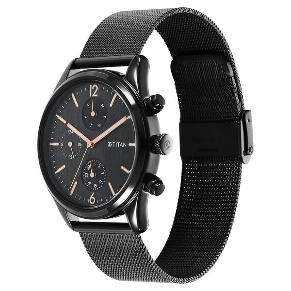 Titan Neo Black & Gold Quartz Analog with Day and Date Black Dial Stainless Steel Strap Watch for Men
