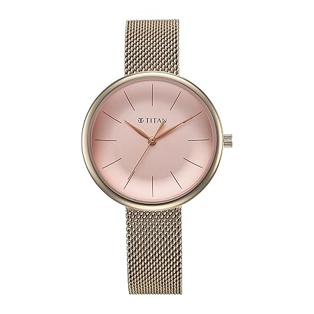 Titan Slimline Quartz Analog Pink Dial Rose Gold Stainless Steel Strap Watch for Women 95182WM01