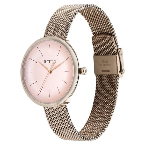 Titan Slimline Quartz Analog Pink Dial Rose Gold Stainless Steel Strap Watch for Women 95182WM01