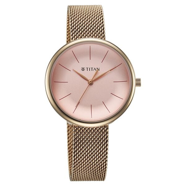 Titan Slimline Quartz Analog Pink Dial Rose Gold Stainless Steel Strap Watch for Women 95182WM01