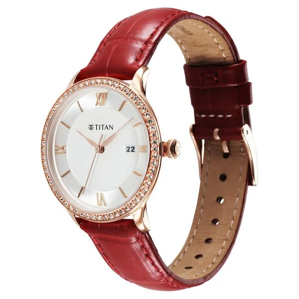 Titan Bright Leathers Silver Dial Analog Red Leather Strap Watch for Women 95247WL01
