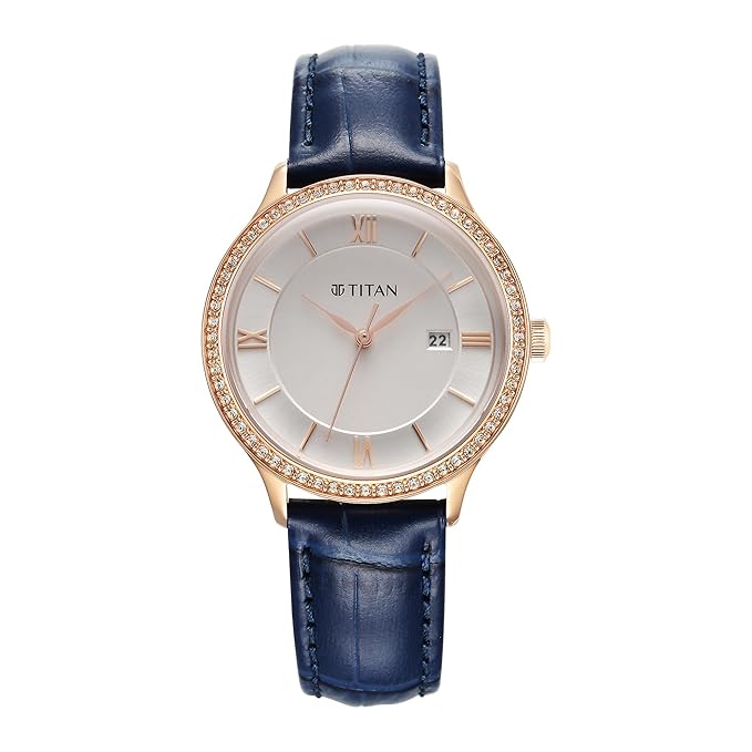 Titan Bright Leathers Quartz Analog with Date Silver Dial Leather Strap for Women 95247WL06