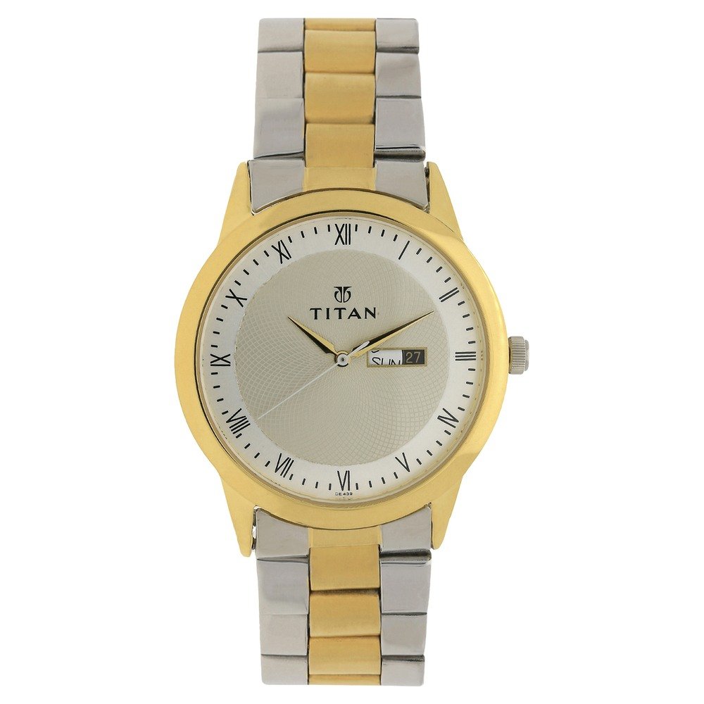 Titan Quartz Analog with Day and Date Champagne Dial Stainless Steel Strap Watch for Men | Classic Formal Watch