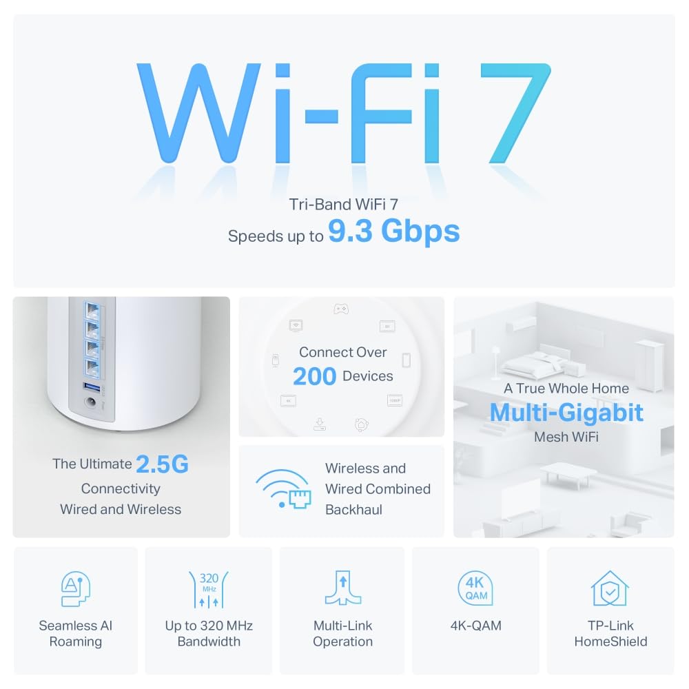 TP-Link Deco BE65 (3-Pack) Whole Home Mesh Wi-Fi 7 System Tri-Band