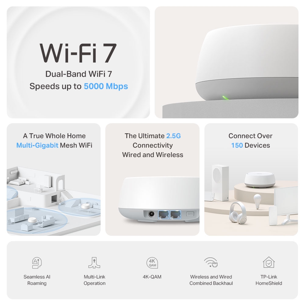 TP-Link Deco BE25 (1-Pack) Whole Home Mesh Wi-Fi 7 System BE3600