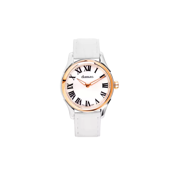 Damas Ladies Quartz Watch DSP-Q32-WT-SR-4W53 | 32mm | Bi-Color Steel | White Strap | Swiss Quartz