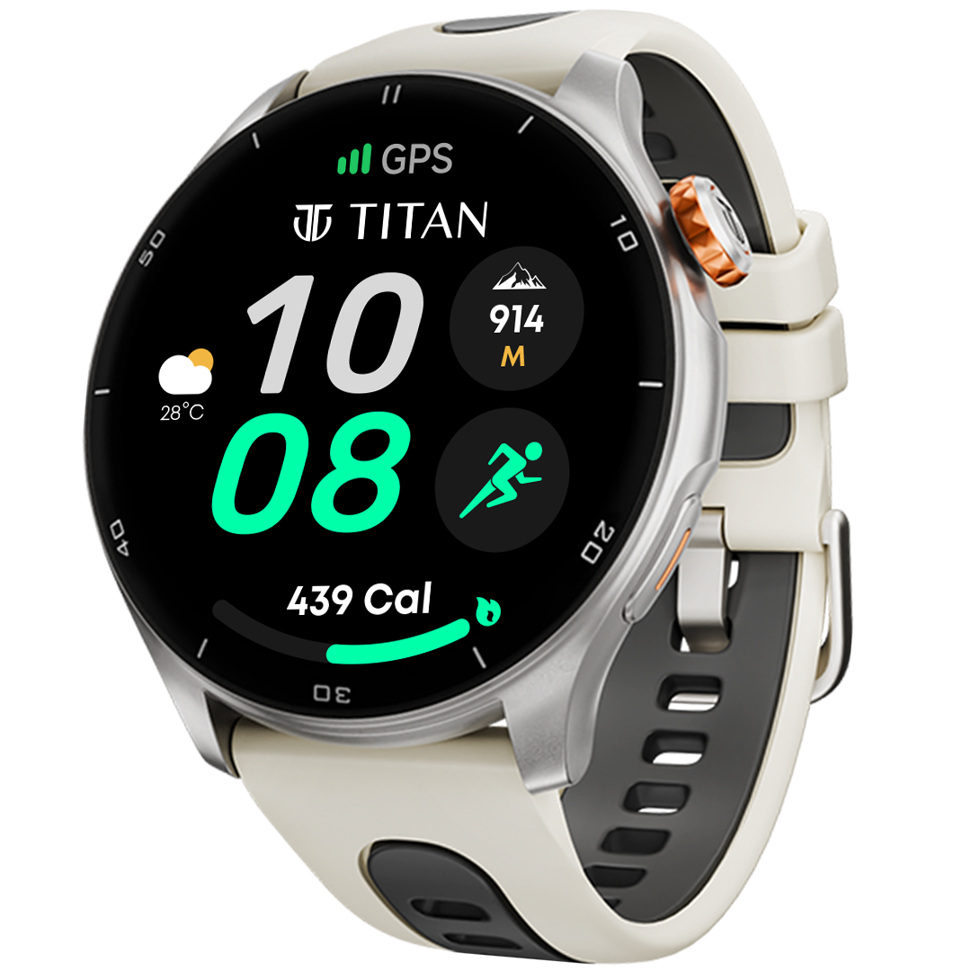 Titan Celestor Smart Watch 1.43" AMOLED Round Display, GPS, Altimeter, Barometer, Compass, BT Calling – Titanium/Beige (90206AP03)