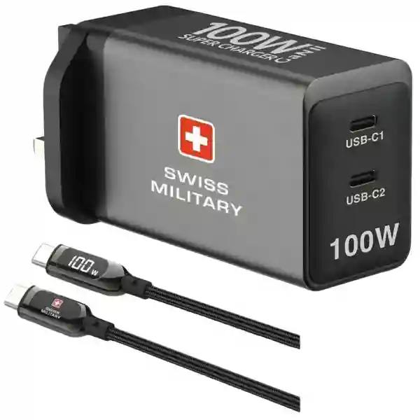 AC Adapter GaN II 100W Charger with Dual USB-C Ports and C to C Cable – Grey (SM-GaNII-100W-2C-GRY+CB-CC100W)