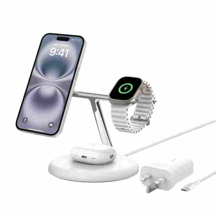 Belkin BoostCharge 3-in-1 Magnetic Charging Stand with Qi2 Fast Wireless Charging 15W White (BL-Qi2Magnetic-stnd-3IN1-Wht / WIZ029myWH)