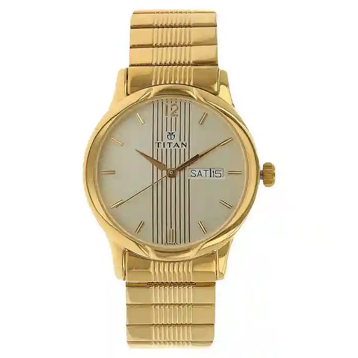 Titan Analog with Day and Date Champagne Dial Metal Strap Watch for Men