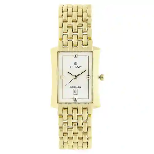 Titan Rectangle White Dial Analog with Date Stainless Steel Strap Watch for Men