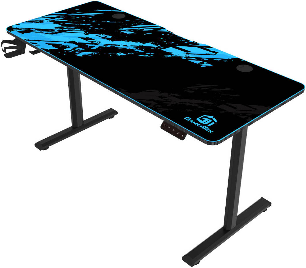 GamerTek GT-Elevate X Gaming Desk 140×60 cm with Headset & Cup Holder – Blue & Black