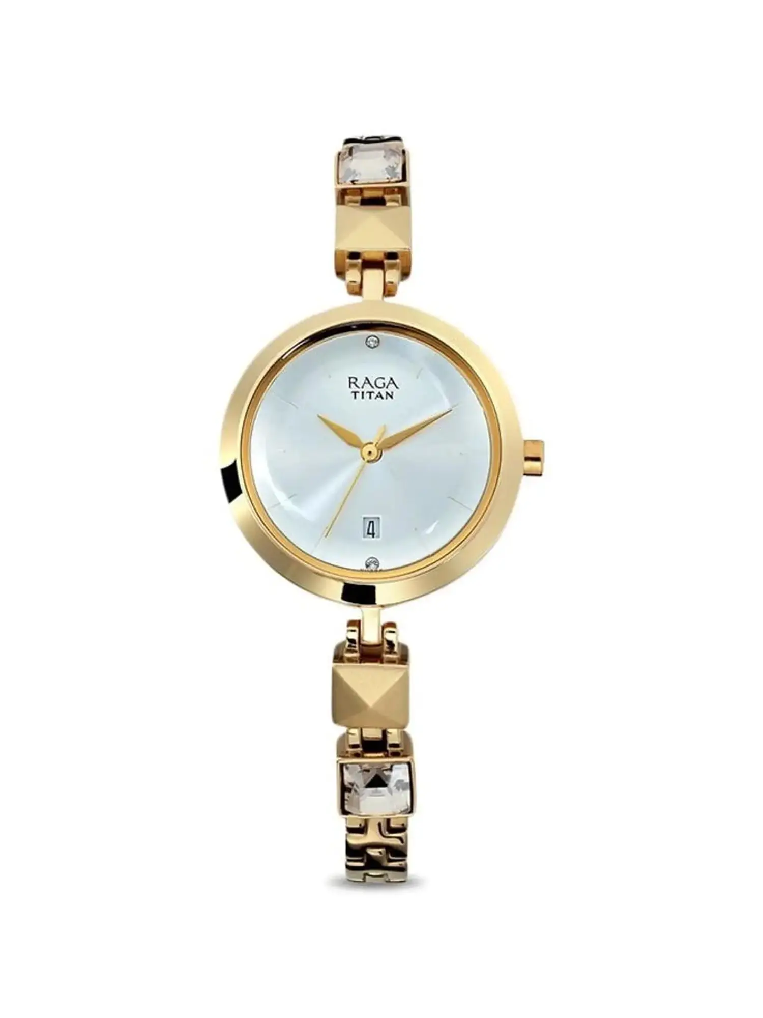 Titan Raga Viva Silver Dial Analog with Date Golden Metal Strap Watch for Women | Elegant Festive Watch