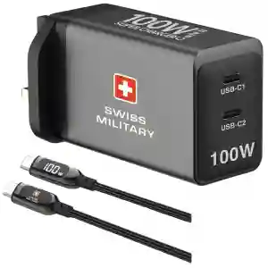 AC Adapter GaN II 100W Charger with Dual USB-C Ports and C to C Cable – Grey (SM-GaNII-100W-2C-GRY+CB-CC100W)